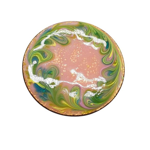 Handmade Pink Green Swirl Pattern Enamel Over Copper Pin Brooch 1.5" Diameter - Picture 1 of 4
